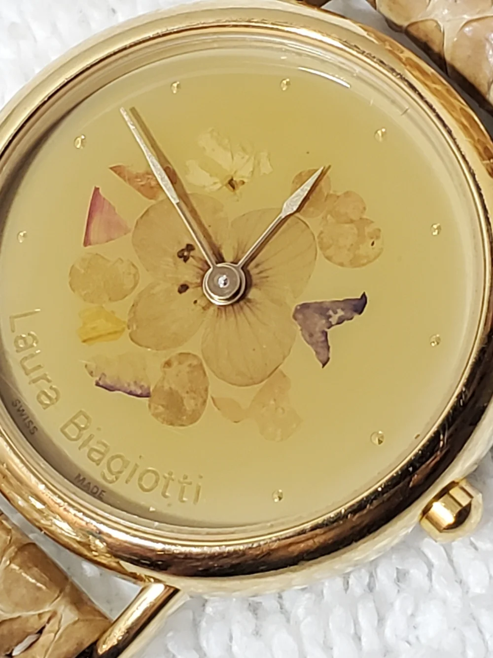 Vintage Laura Biagiotti Gold Plated Women's Watch Pressed Flowers Swiss Made